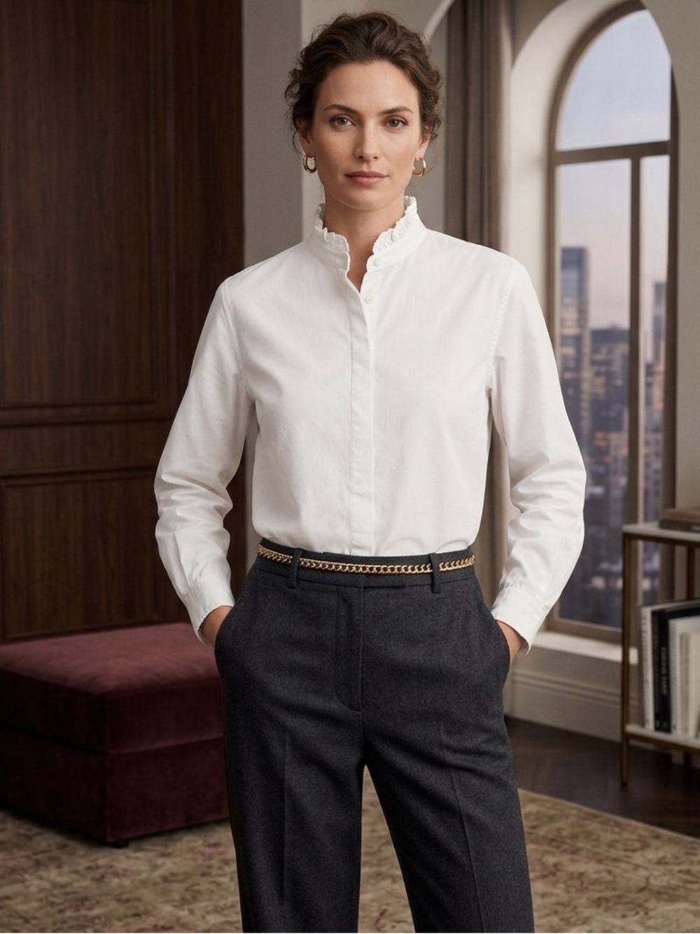 Ines de la Fressange x Uniqlo Ruffle Collar 100% Cotton Button-Up L French Chic